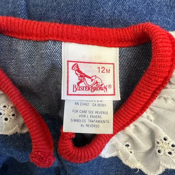 Vintage Buster Brown 12M‎ Baby Romper Denim Puff Sleeve Lace Trim Red Bow USA - Picture 2 of 8